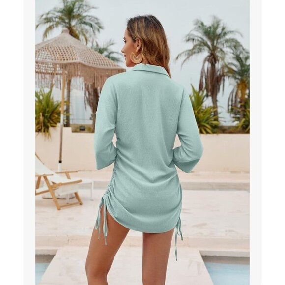 Bluetime Women's Bathing Suit Cover Up V Neck 3/4 Sleeve Casual 2XL Sage Green - Picture 3 of 13